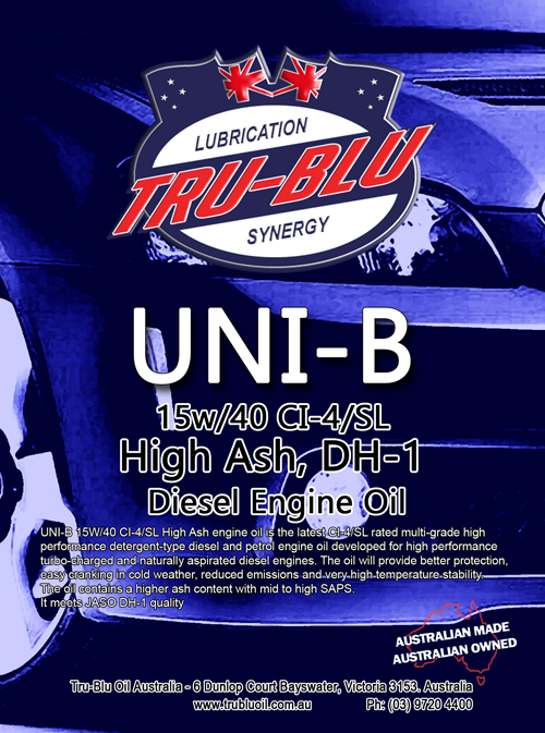 UNI-B CI-4/SL 15W40 High Ash - Tru Blu Oil